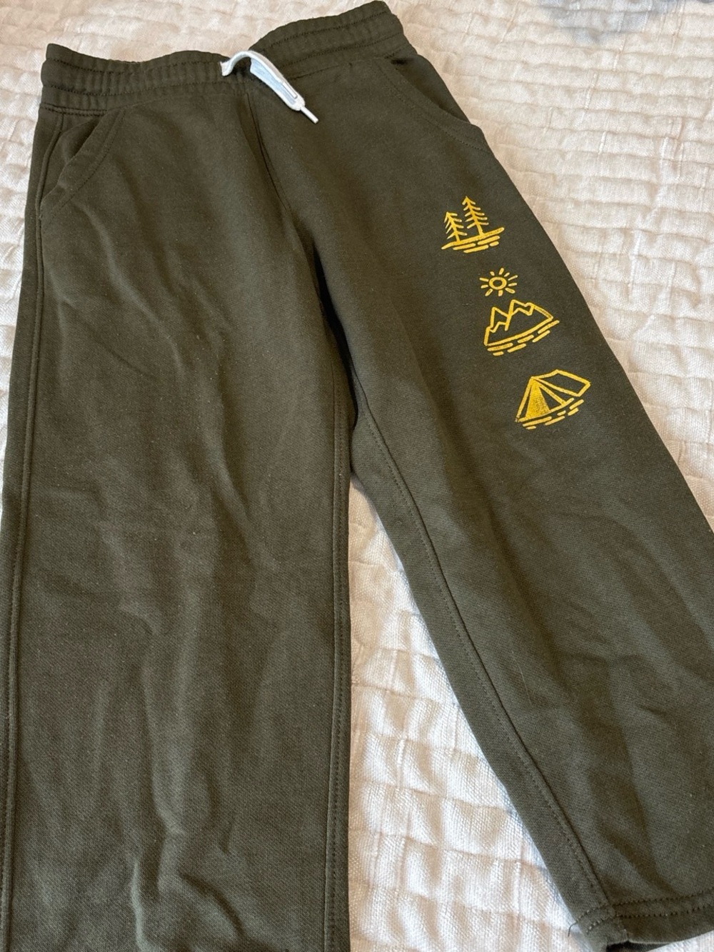Old Navy Olive Green Sweatpants with Yellow Outdoor Icons
